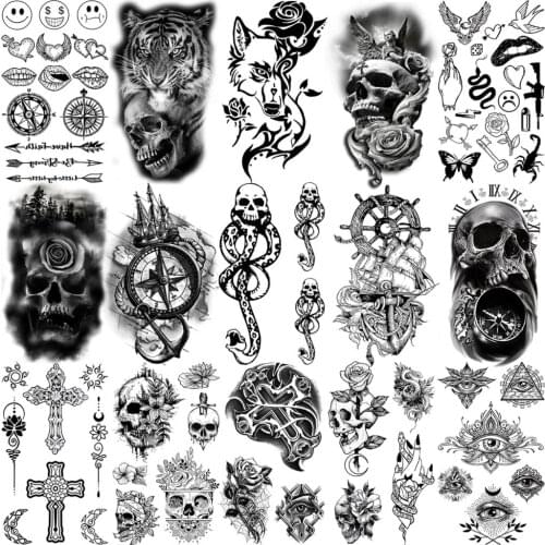 Black Realistic Snake Skull Temporary Tattoos For Women Kids Adult Men Cross Eyes Compass Wolf Rose Flower Fashion Small Tatoos