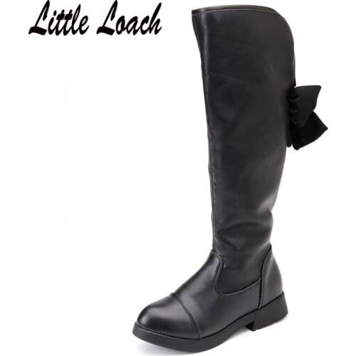 Girls Knee Length Long Boots Bow-knot Single Boots or Snowshoes Pu Leather Princess Low Heel Autumn Winter Black Students Shoes