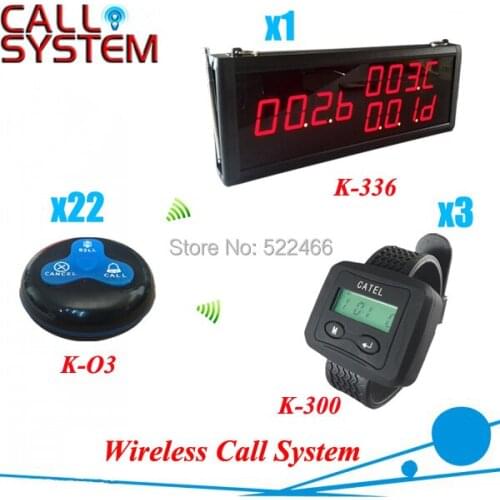 Hot sale restaurant Bell Calling System, including 1 number display, 3 watch pagers and 22 table buttons, shipping free