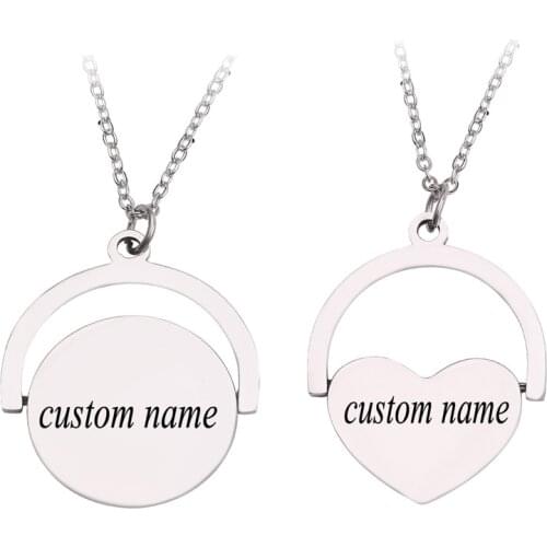 Custom stainless steel necklace can engrave name lovers anniversary and other round love piece rotating pendant