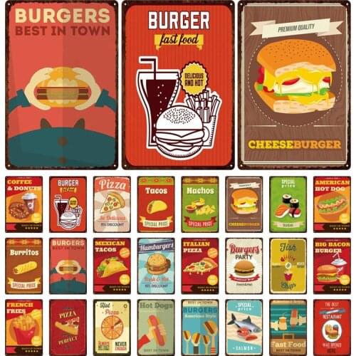 Fast Food Fries Burger Pizza Metal Painting Bright Background Retro Tin Sign Restaurant Anti-Fading Decorative Iron Painting