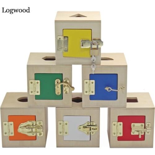 Montessori Daily Life Multifunctional Learning 6 Unlock Box Exercises Toys Practical Training Wooden Toys Metal Lock Education