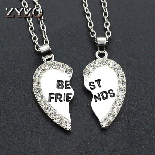 ZYZQ Fashion Design Broken Heart Necklace For Besties With Tiny Crystal Stone Setting With Letter Best Friend Engraved Necklace
