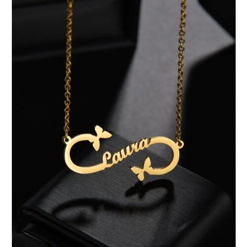 Acheerup Trendy Personalized Infinity Symbol Double Butterfly Stainless Steel Jewelry Gift Custom Name Letter Necklace For Women