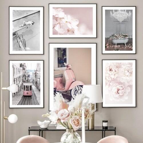 Moto Town Tram Bathtub Flower Peony Woman Nordic Posters And Prints Wall Art Canvas Painting Wall Pictures For Living Room Decor