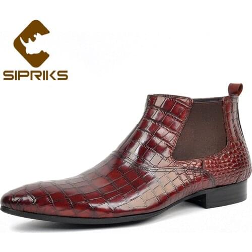 Sipriks Big Size 37 45 Wine Red Chelsea Boots Mens Wine Red Leather Zip Shoes Fashion Printed Crocodile Skin Cowboy Ankle Boot