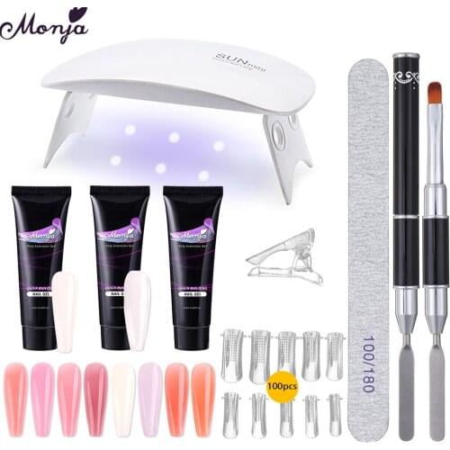 Monja 8Pcs Acrylic UV Gel Extension Building Nail Art Kit False Nail Tips Painting Brush LED UV Dryer DIY Care File Manicure Set