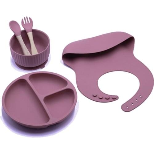 5PCS Baby Feeding Tableware Food Grade Silicone Bowl Bib Placemat Fork Spoon Set 69HE