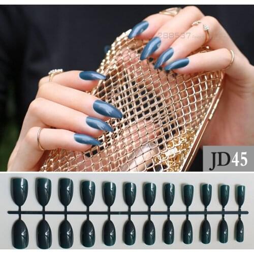 Green gray Full Nail Tips Comfortable Artificial nails Pointed Stiletto 24pcs mountain peak Designs Pure colour False nails blue