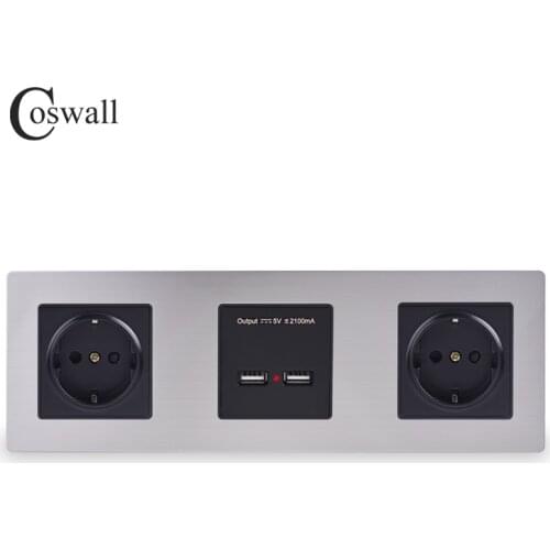 COSWALL Wall Stainless Steel Panel Double Socket 16A EU Electrical Outlet Dual USB Smart Charging Port 5V 2A Output Black Color