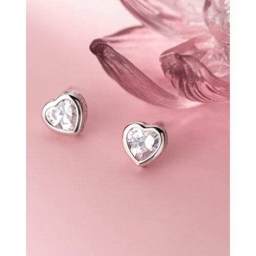Real 925 Sterling Silver Zircon Heart Stud Earrings For Fashion Women Party Fine Jewelry Bohemian Minimalist Accessories
