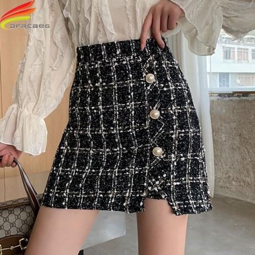 New 2020 Autumn Winter High Waist Woolen Mini Skirt Women Khaki And Black Plaid Skirts Buttons Elegant Casual A Line Skirt Women
