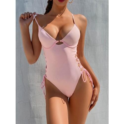 2021 New Womens Spaghetti Strap Side Cut-out Monokini One Piece Swimsuits Swimwear Maillot De Bain Femme