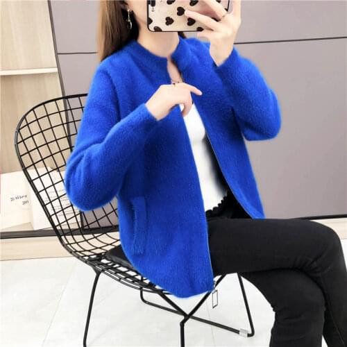 Women 2020 Autumn Winter New Long-sleeved Mink Fur Coat Loose Easy Matching Thick Cardigan Fashion Solid Color Knitted Coat A181