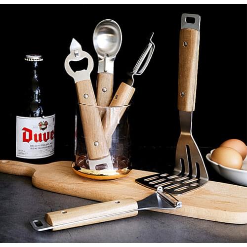 Nordic Stainless steel Bottle Opener Wood Handle Ice cream Spoon Cucumber Carrot PeelerPotato Press Mud Shredder Kitchen Tool