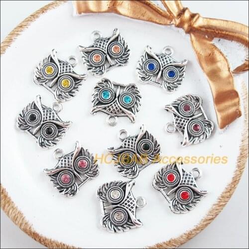 10 New Animal Owl Charms Tibetan Silver Tone Mixed Crystal Pendants 16x18mm