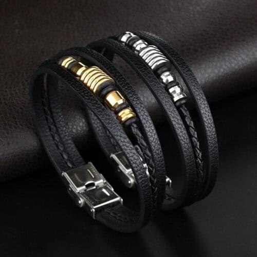 Simple Fashion Men Bracelet Steel Gold Color Charms Beads Layer Bracelet Cuff Bangle Accessories Gift Mens Women