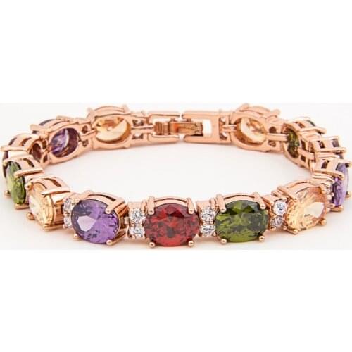 Rongyawei Rose Gold Color Luxury Multicolor CZ Stones Cluster Women Bracelet Jewelry Wedding Party Gift
