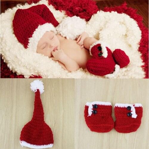 Christmas Cotton baby hat with boots shoes set handmade crochet newborn photography props costume set