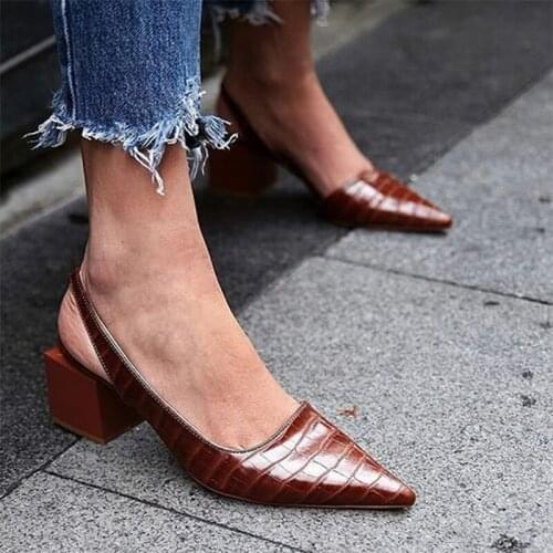 Womens Pointed Toe PU Leather Summer Sandals Woman Square Heels Office Pumps Female Classic Shoes Ladies Big Size Footwear