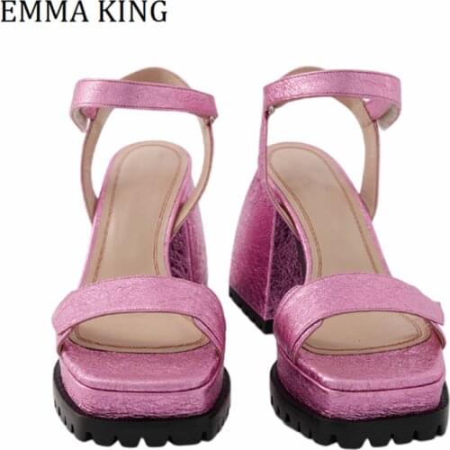 Women Ankle Straps Sandals Pink Leather Chunky Heels Platform Sandals Females Shoes Elegant Party Sandals Woman Formal Shoes