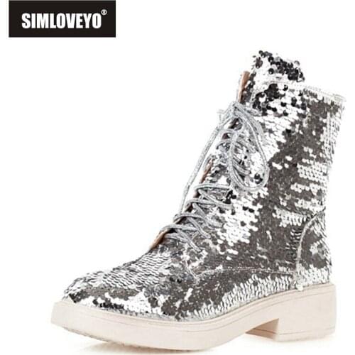 SIMLOVEYO Winter Ladies Mid Calf Boots Sequined Cloth Zip Round Toe 4CM Lace Up Chunky Heel Platforms US12 Silver Green A4274