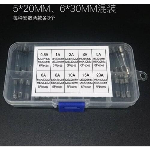 60PCS 5X20 6X30 Glass fuse mixed set Fast-blow Glass Fuses 0.5A 1A 2A 3A 5A 6A 8A 10A 15A 20A