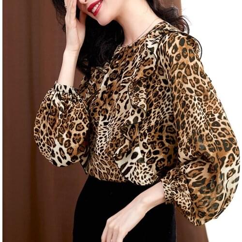 2021 Loose Ruffle Chiffon Shirt Versatile Leopard Streetwear Ruffles Korean Fashion Clothing Ladies Blouses Womens Clothes Tops