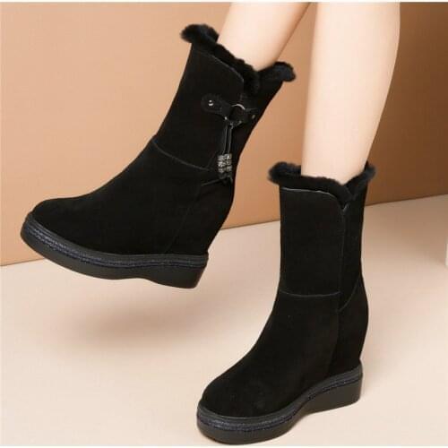 High Top Creepers Women Genuine Leather Hidden Wedges High Heel Snow Boots Female Winter Warm Round Toe Pumps Shoe Casual Shoes