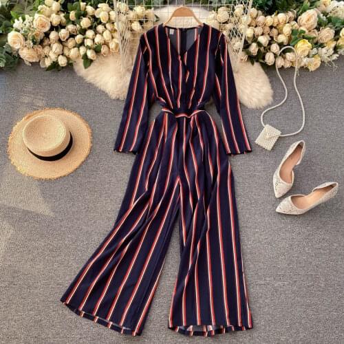 Autumn Winter 2020 New Fashion Jumpsuit Womens Temperament V-neck Slim Long Striped Wide Leg Pants UK876