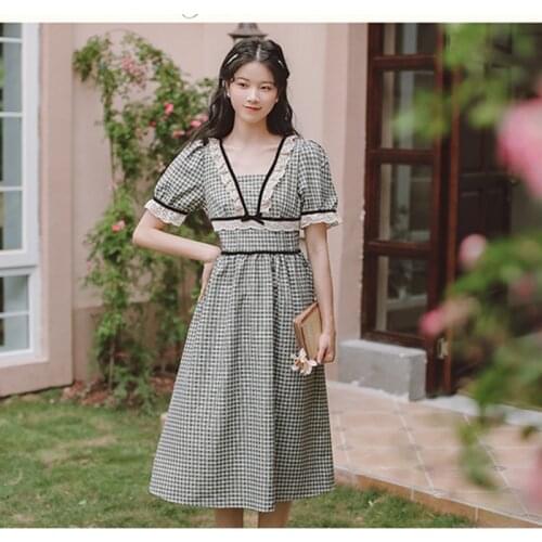 Dresses for women 2021 Puff Sleeve Lace V-Neck Literary Retro Robe Femme Summer Sweet Lolita Kawaii Dress Vestido