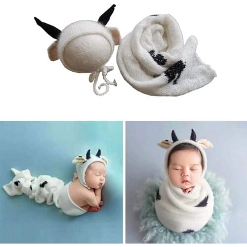 2 Pcs Infants Mink Fur Cute Cow Ear Hat Wrap Set Baby Blanket Beanie Kit Newborn Photography Props Photo Shooting D5QA