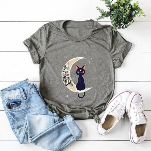 2021 New Summer 100% Cotton T-Shirt Plus Size Moon Cat Print Women T Shirt Casual Tshirt Female Short Sleeve Tees Ladies Tops