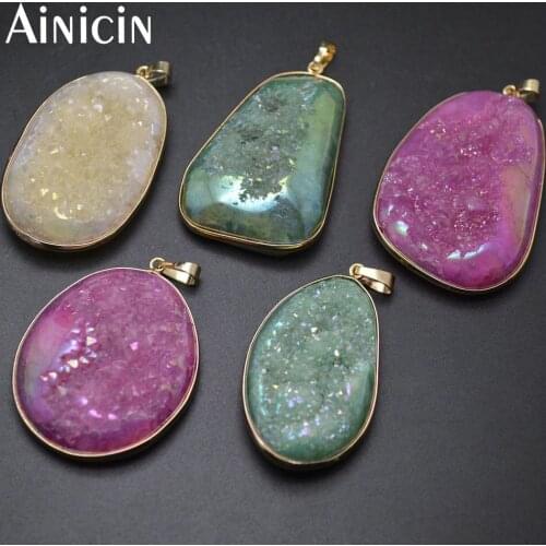 5pcs Pink Green Beige Mixed Color Natural Drusy Stone With Rainbow Color Pendants Fashion Women Jewelry Making