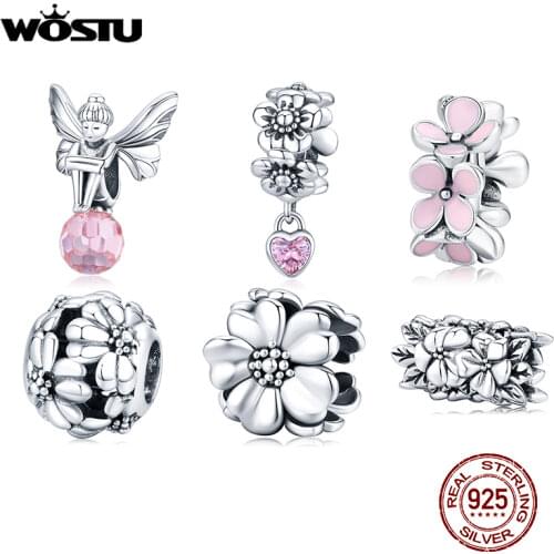 WOSTU Pink Flower Charms 925 Sterling Silver Blossom Flower Beads Fit Original Bracelet Pendant Jewelry For Women