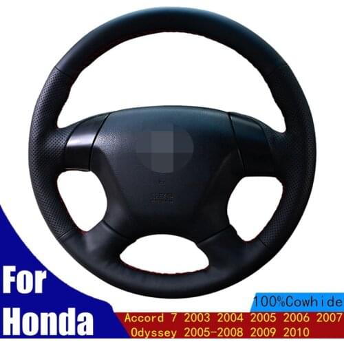DIY Car Steering Wheel Cover Black Genuine Leather For Honda Accord 7 2003 2004 2005 2006 2007 Odyssey 2005-2008 2009 2010