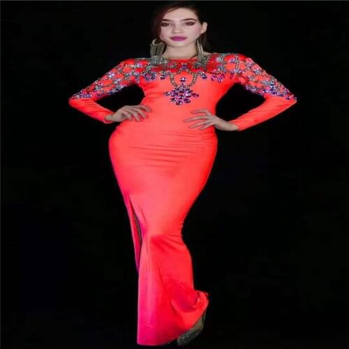 H105 Tight Party Elastic Stretched Show Diamond Drilling Chain Jumpsuit Slim Costume Catwalk Gem Colorful Outfit Long Sleeves Dj