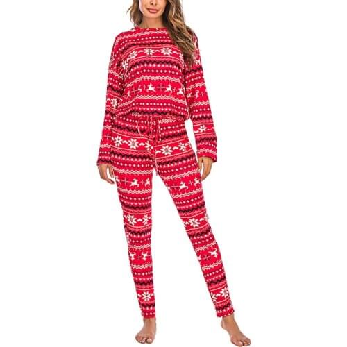 Women Tracksuit 2Pcs Christmas Costume Winter Top Pants Suit Printed Long Sleeve Round Neck Milk Silk Elastic Waist Clothing Set