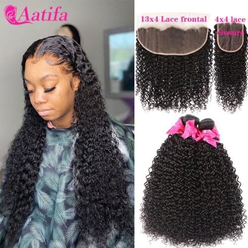 Kinky Curly Bundles With Frontal 100% Human Hair 3/4 Bundles With Closure Brazilian Remy Hair Lace Front With Bundles For Women