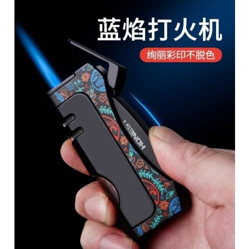 Unusual Torch Turbo Jet Metal Lighter Comes With Foldable Cigar Cutter Windproof Gas Lighter Smoking Accessories Gadgets For Men