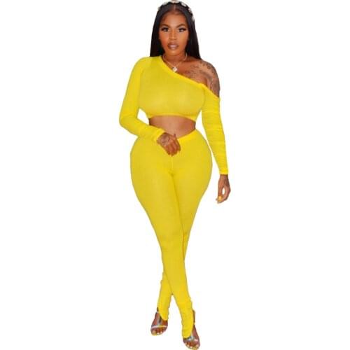 Solid Color Slash Collar Long Sleeve Pullover Retro Top Female Skinny Pencil Pants Tracksuit Women Two Piece Outfits Best Match