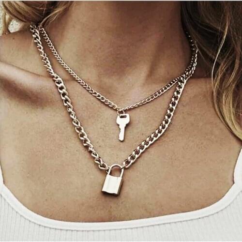 Fashion Key Padlock Pendant Necklace for Women Gold/Silver Color Lock Necklace Layered Chain on the Neck With Lock Punk Jewelry