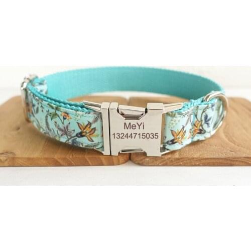 Dog Collar Floral Fabric Personalized Pet ID Laser Engraved Dog Collar