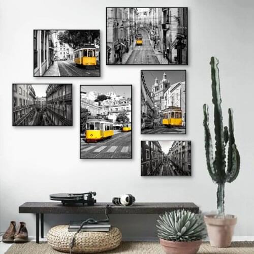 Portugal Lisbon Historic Architectural Posters and Prints Black White Wall Pictures Decor Old Street Yellow Tram Canvas Painting