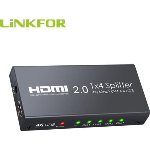 LiNKFOR 4 Way HDMI 2.0 Splitter 1 In 4 Out HDMI Distribution Amplifier Splitter Support 4K@60Hz YUV 4:4:4 HDR for TV Projector