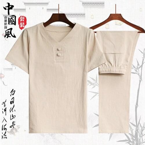 Shirt + trousers) spring Chinese Style men shirt Cotton and linen shirts mens casual qualityshirts A set of clothes size M-5XL