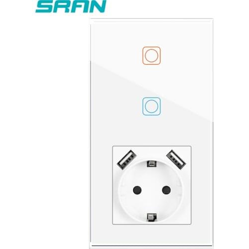 SRAN Sensor Switch,Socket With Usb, Vertical Installation Crystal Glass Panel 153*82,Socket With Light Switch 2Gang 1Way
