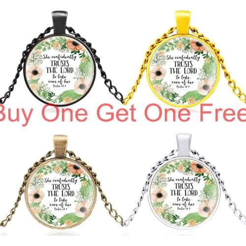Bible Verse”trusts the Lord“pattern Glass Dome Pendant Necklace Men Women Accessories Jewelry Gifts
