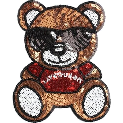 GUGUTREE embroidery Sequins big bear patches cartoon patches badges applique patches for clothing JW-16