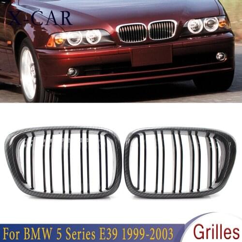 X-CAR 2Pcs Grille Grill Front Bumper Kidney Carbon Pattern Double Slat Fits For BMW 5 Series E39 1999 2000 2001-2003 51137005837